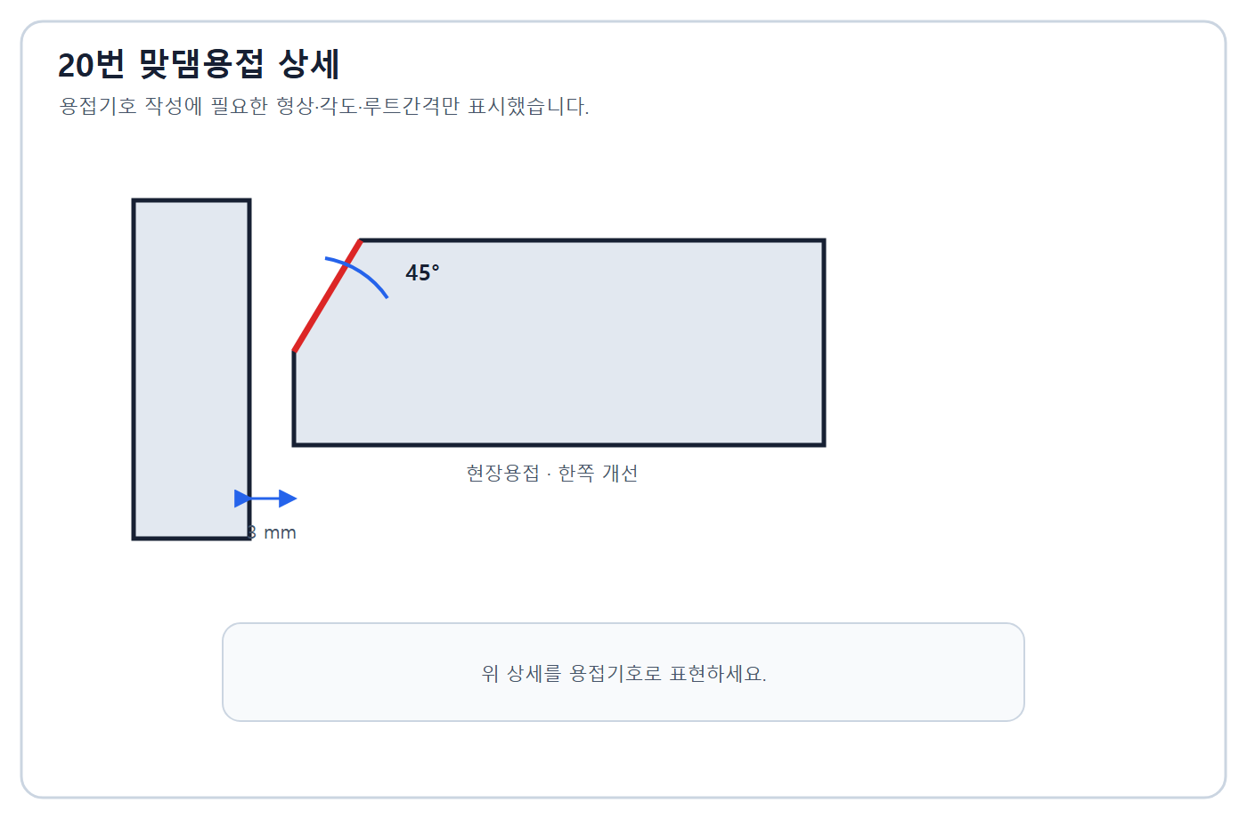 건축기사 실기 기출문제 2018년 1회 - 45도 개선·3mm 루트간격 현장용접