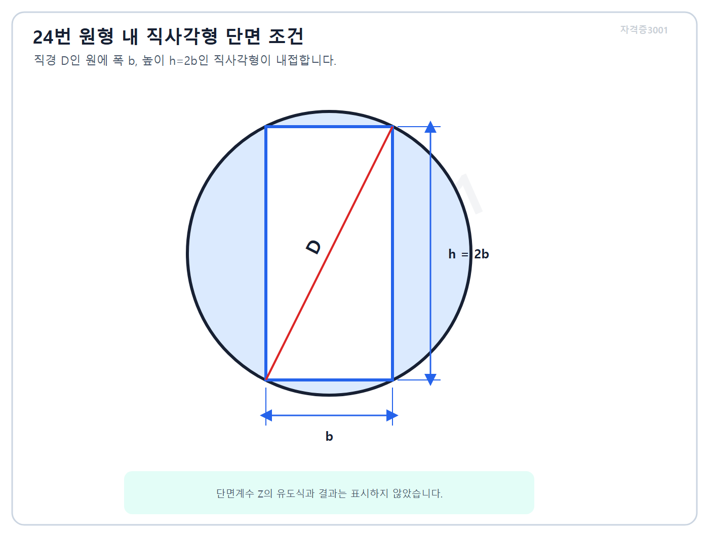 건축기사 실기 기출문제 자격증3001 워터마크 적용 문제도로, 직경 D인 원에 폭 b·높이 2b인 직사각형이 내접한 단면도