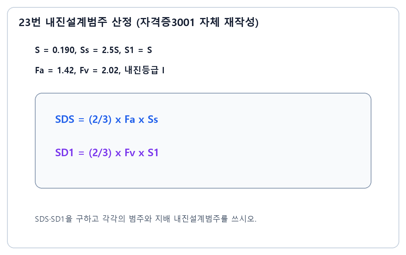 건축기사 실기 기출문제 · S 0.190과 Fa 1.42 Fv 2.02로 내진설계범주를 계산하는 조건