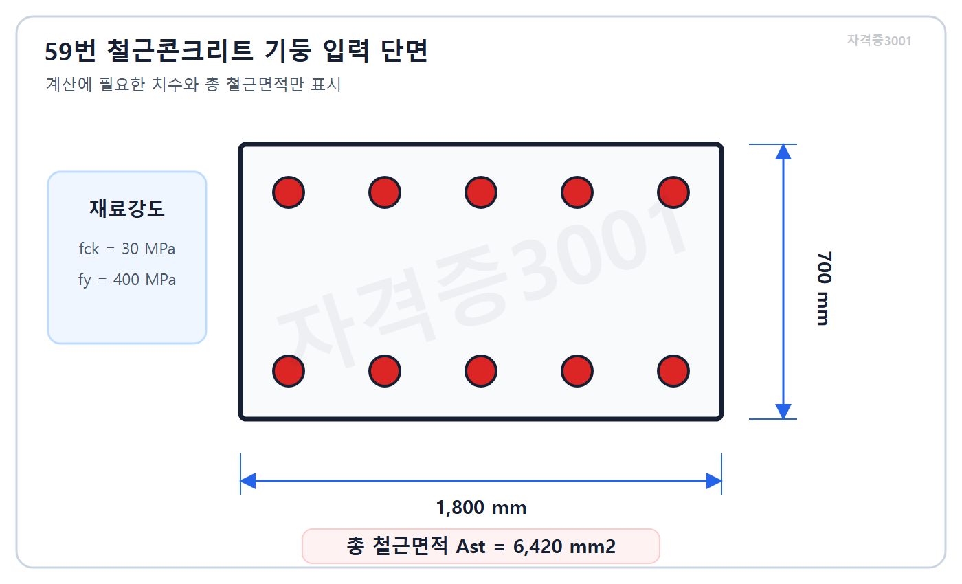 건축기사 자격증3001 워터마크 적용 문제도로, 건축기사 필기 2023년 4회 59번 1800 mm x 700 mm 철근콘크리트 기둥과 총 철근면적 6420 mm2 단면도