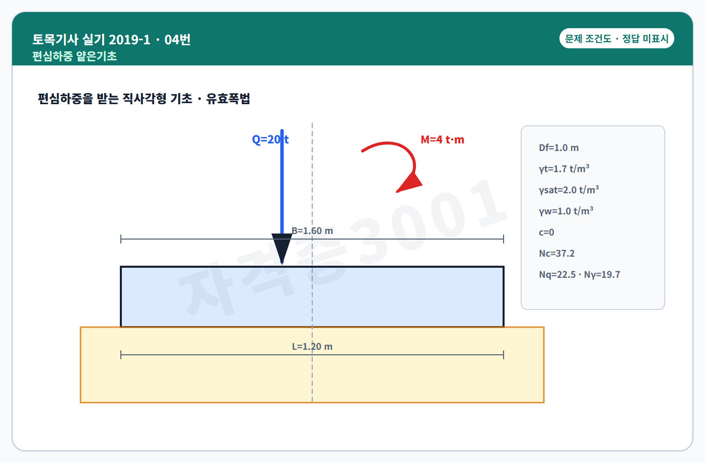 토목기사 실기 기출문제 편심하중을 받는 직사각형 기초의 조건도 정답 미표시