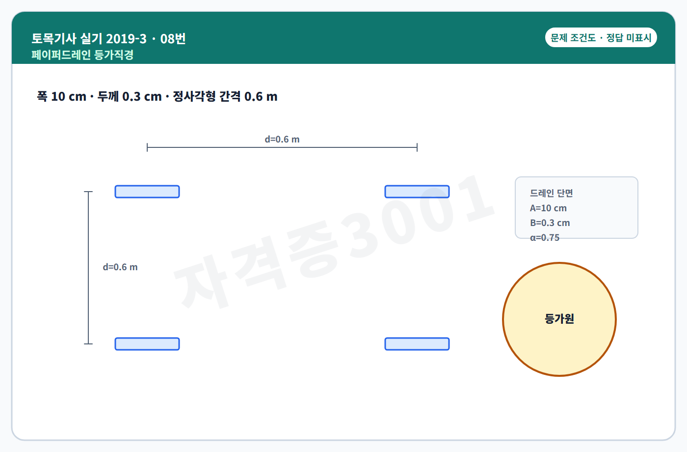 토목기사 실기 기출문제 페이퍼드레인 등가직경과 정사각형 배치도 정답 미표시