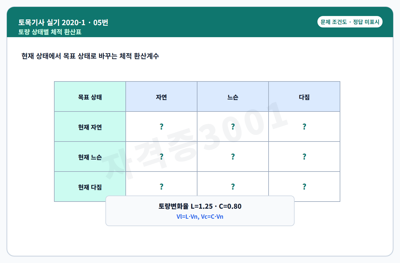 토목기사 실기 기출문제 자격증3001 워터마크가 적용된 토목기사 실기 2020년 1회 5번 입력 조건도, 정답 미표시