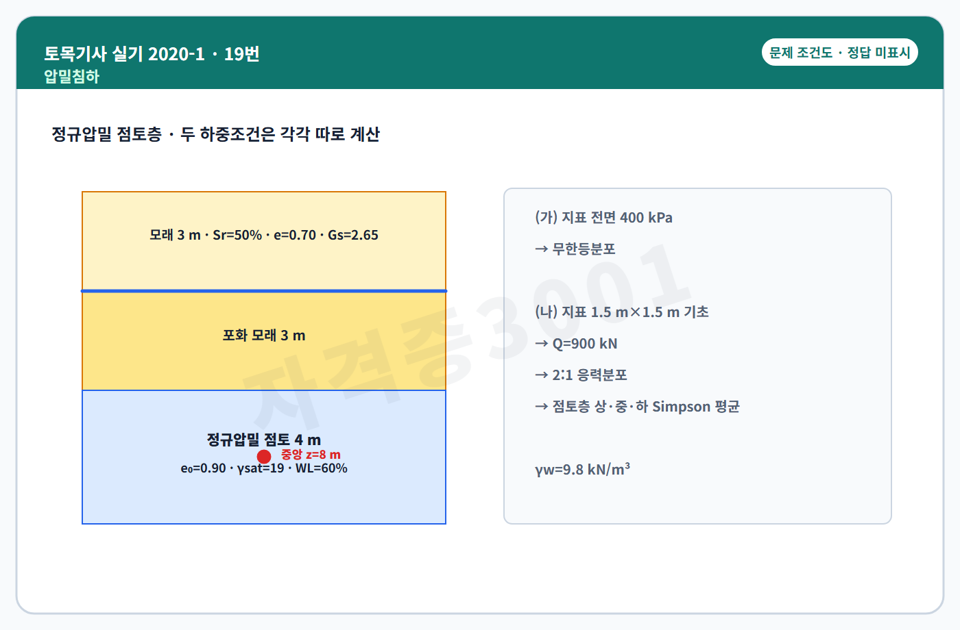 토목기사 실기 기출문제 자격증3001 워터마크가 적용된 토목기사 실기 2020년 1회 19번 입력 조건도, 정답 미표시