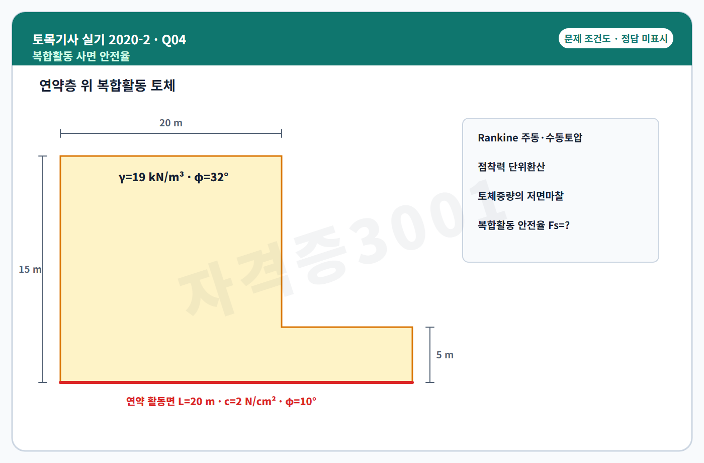 토목기사 실기 기출문제 자격증3001 워터마크가 적용된 토목기사 실기 2020년 2회 4번 독립 조건도, 정답 미표시
