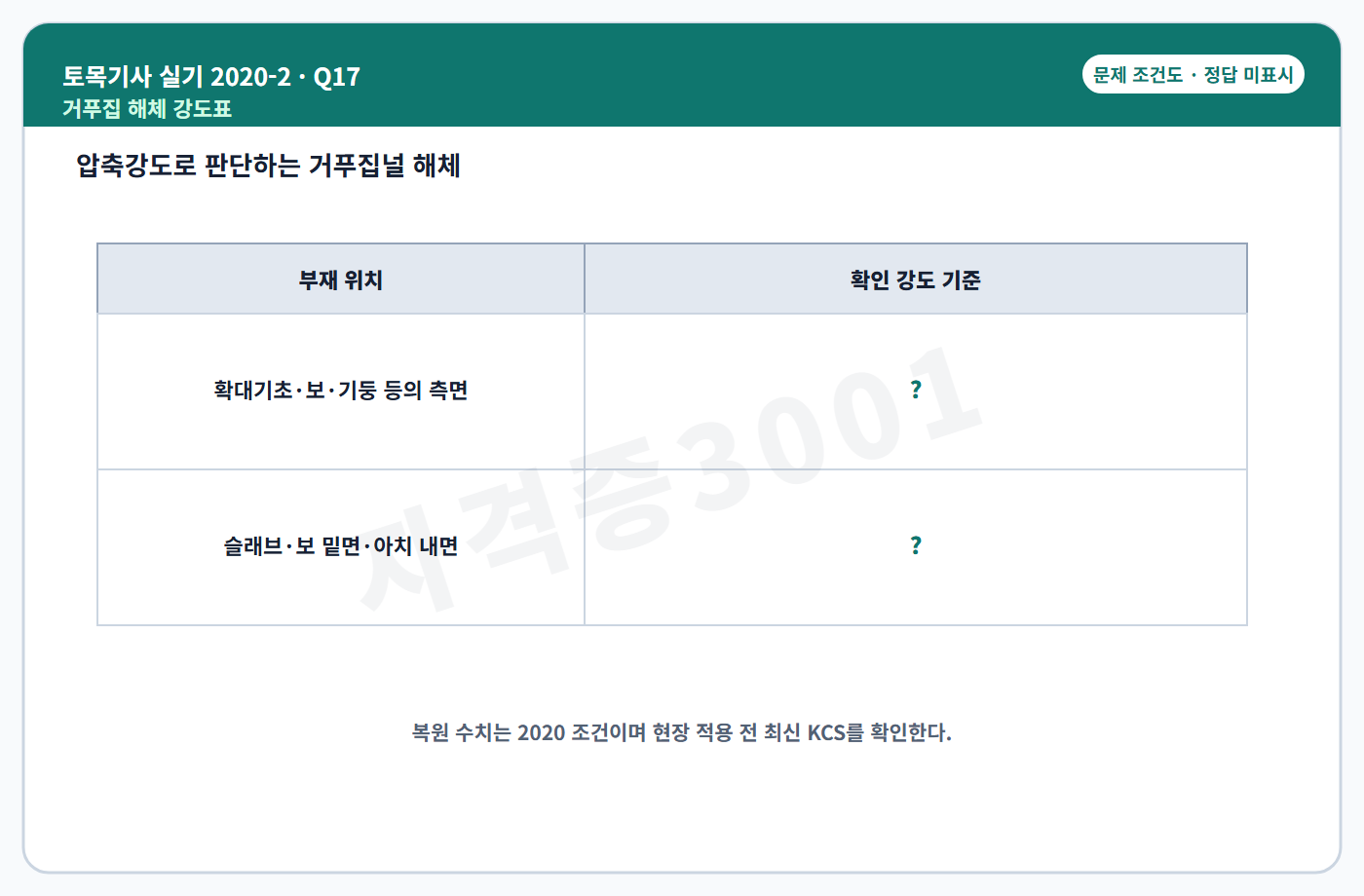 토목기사 실기 기출문제 자격증3001 워터마크가 적용된 토목기사 실기 2020년 2회 17번 독립 조건도, 정답 미표시