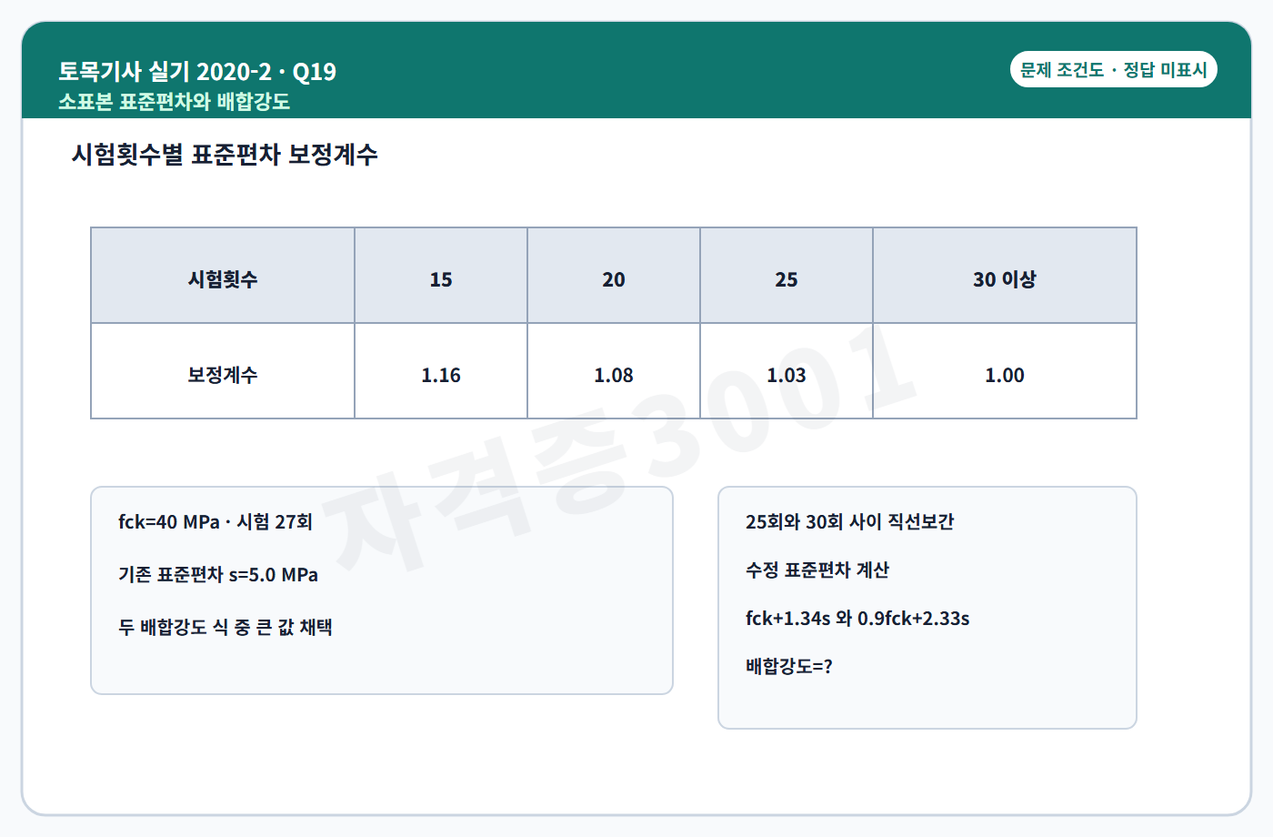 토목기사 실기 기출문제 자격증3001 워터마크가 적용된 토목기사 실기 2020년 2회 19번 독립 조건도, 정답 미표시