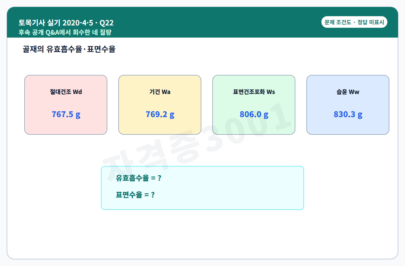 토목기사 실기 기출문제 자격증3001 워터마크 적용 토목기사 실기 2020년 4회·수시 5회 22번 문제 조건도