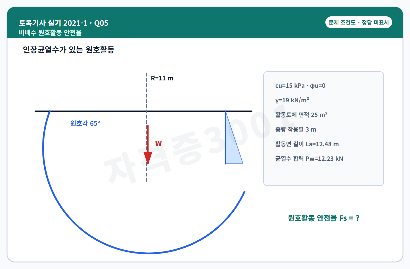 토목기사 실기 기출문제 자격증3001 워터마크 적용 토목기사 실기 2021년 1회 5번 문제 조건도