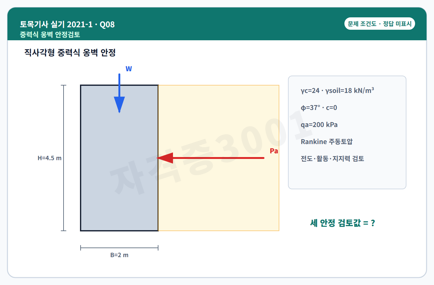 토목기사 실기 기출문제 자격증3001 워터마크 적용 토목기사 실기 2021년 1회 8번 문제 조건도
