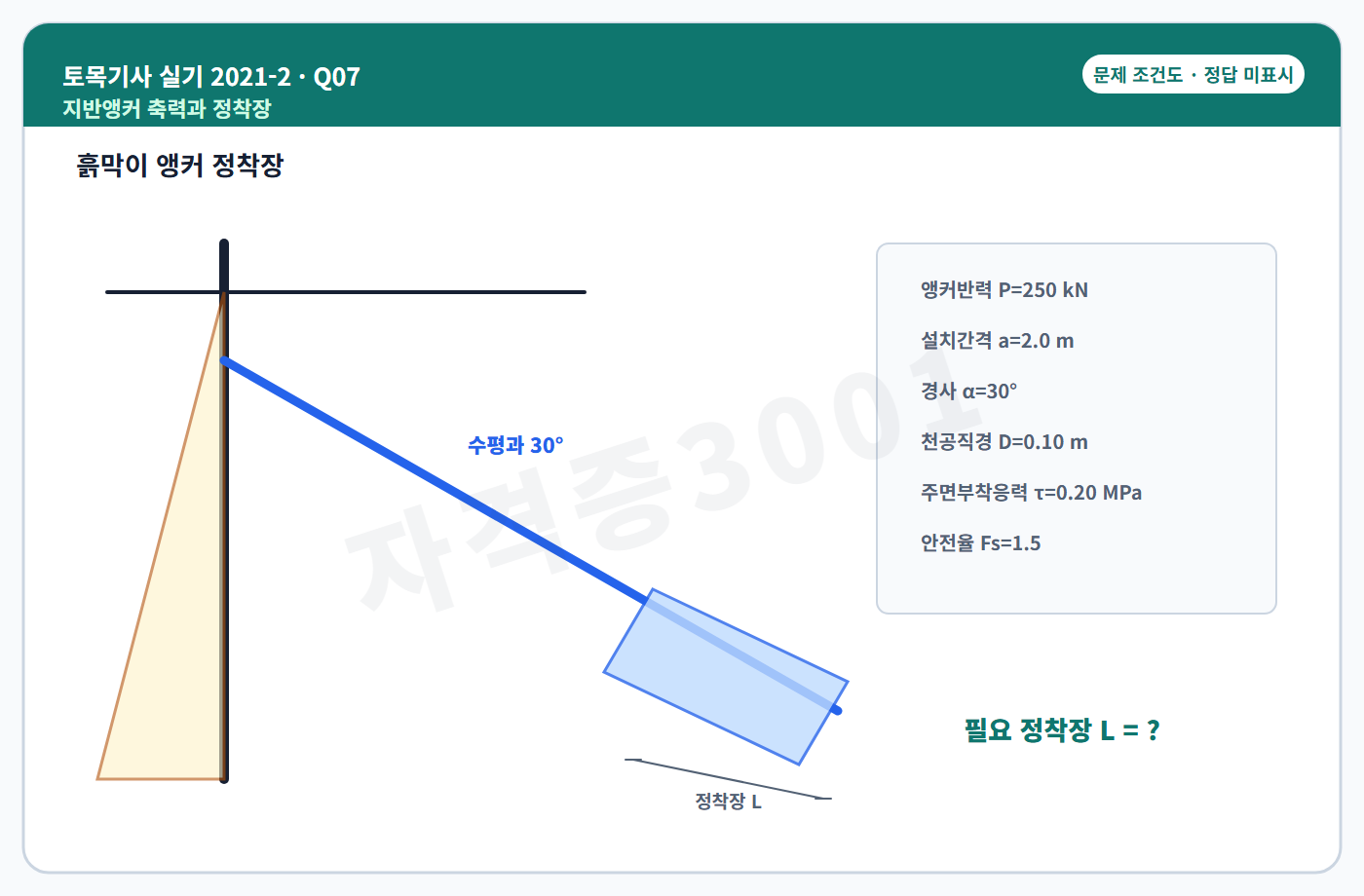 토목기사 실기 기출문제 자격증3001 워터마크 적용 토목기사 실기 2021년 2회 7번 문제 조건도