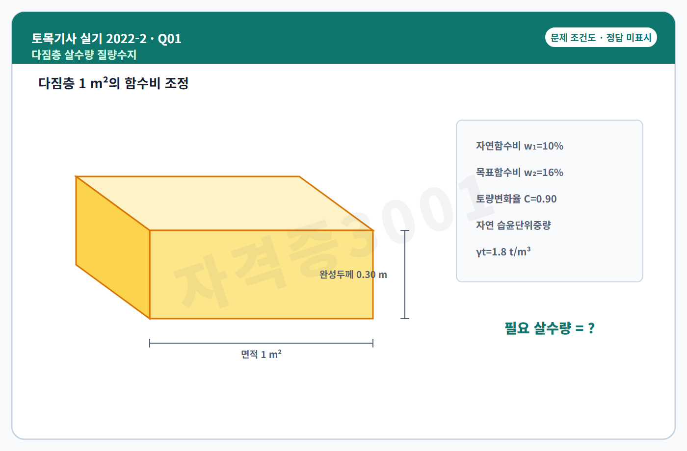 토목기사 실기 기출문제 자격증3001 워터마크 적용 토목기사 실기 2022년 2회 1번 문제 조건도