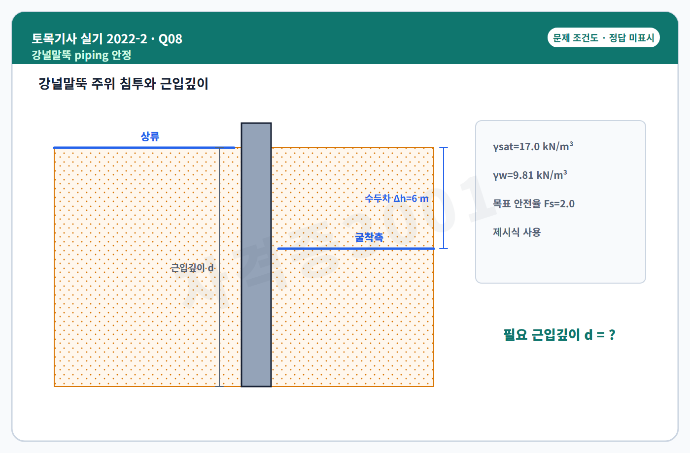 토목기사 실기 기출문제 자격증3001 워터마크 적용 토목기사 실기 2022년 2회 8번 문제 조건도