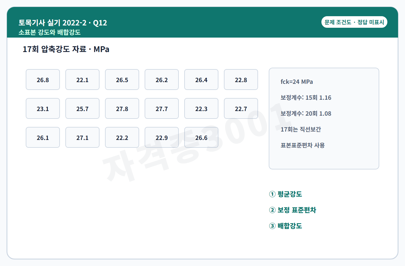 토목기사 실기 기출문제 자격증3001 워터마크 적용 토목기사 실기 2022년 2회 12번 문제 조건도