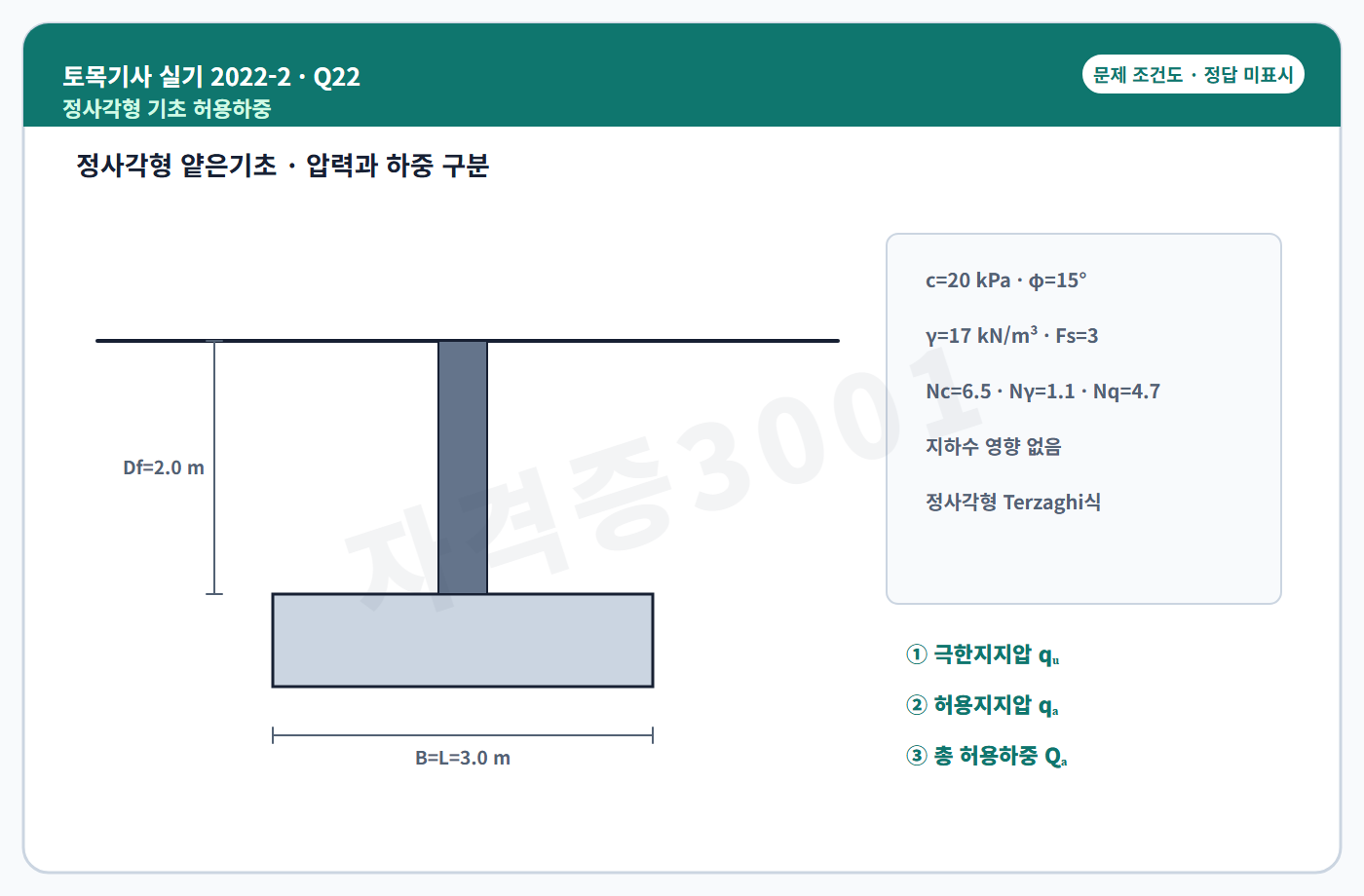 토목기사 실기 기출문제 자격증3001 워터마크 적용 토목기사 실기 2022년 2회 22번 문제 조건도
