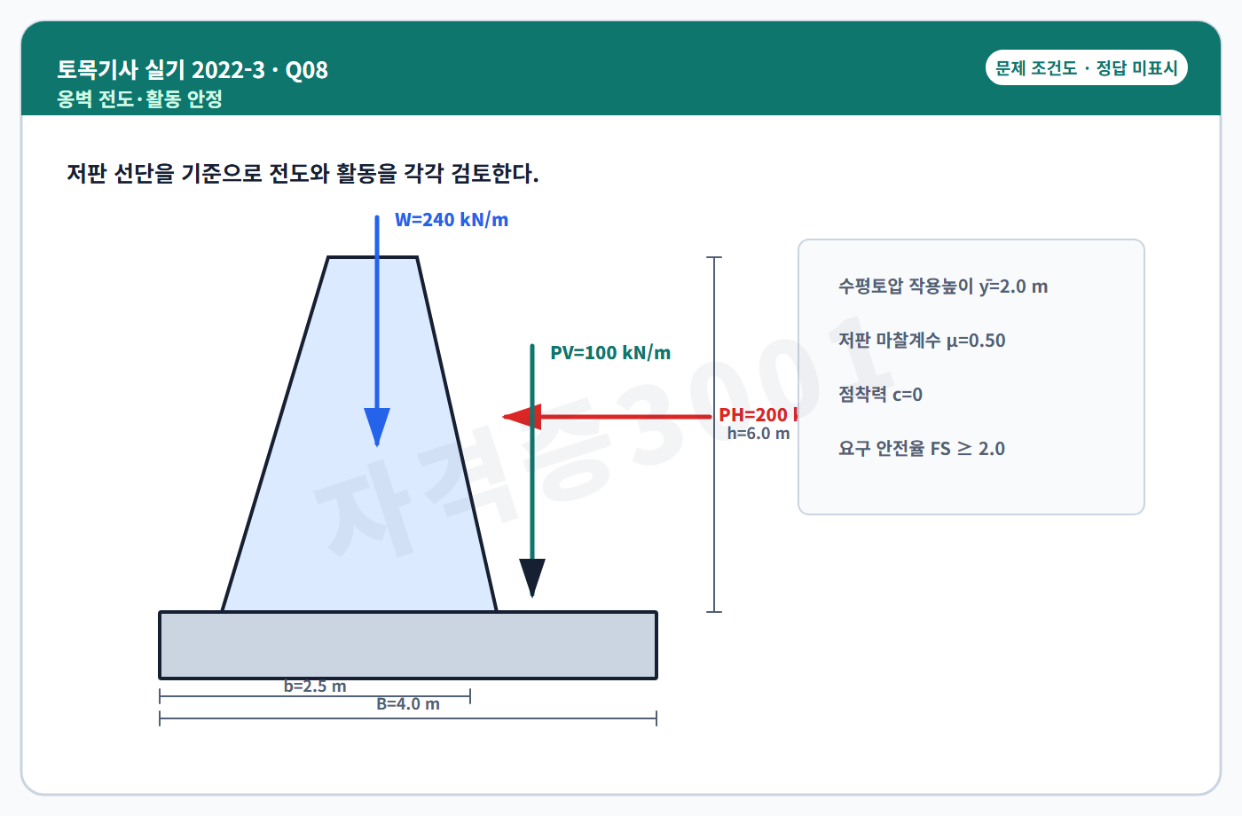 토목기사 실기 기출문제 자격증3001 워터마크 적용 토목기사 실기 2022년 3회 8번 조건 도식, 정답 미표시