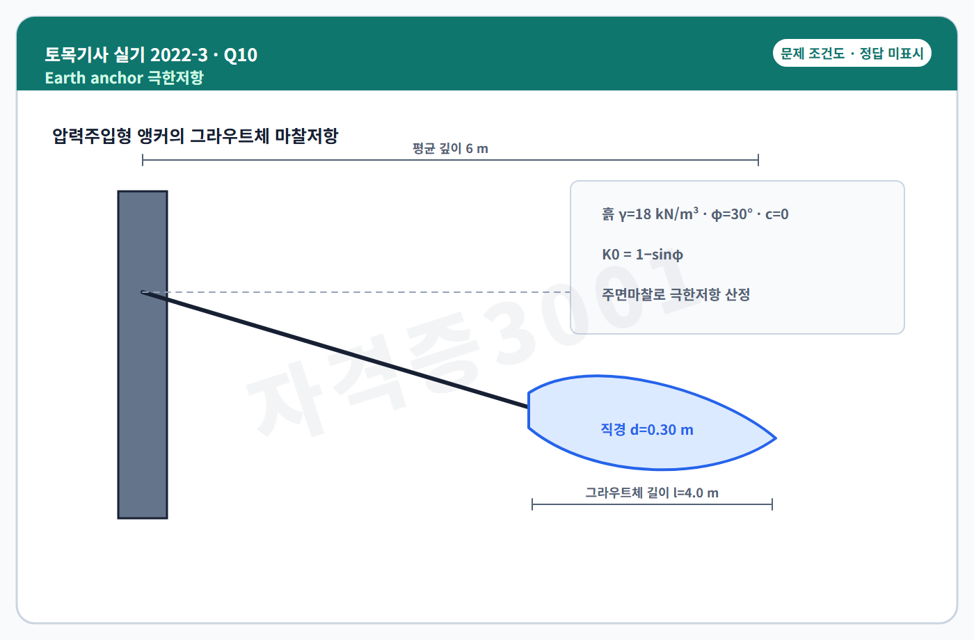 토목기사 실기 기출문제 자격증3001 워터마크 적용 토목기사 실기 2022년 3회 10번 조건 도식, 정답 미표시