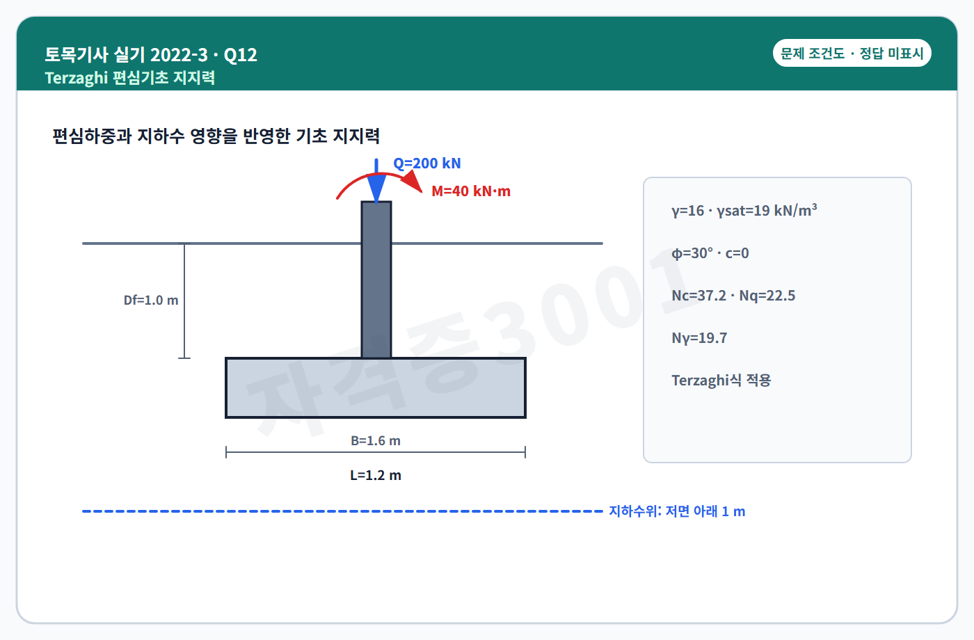 토목기사 실기 기출문제 자격증3001 워터마크 적용 토목기사 실기 2022년 3회 12번 조건 도식, 정답 미표시
