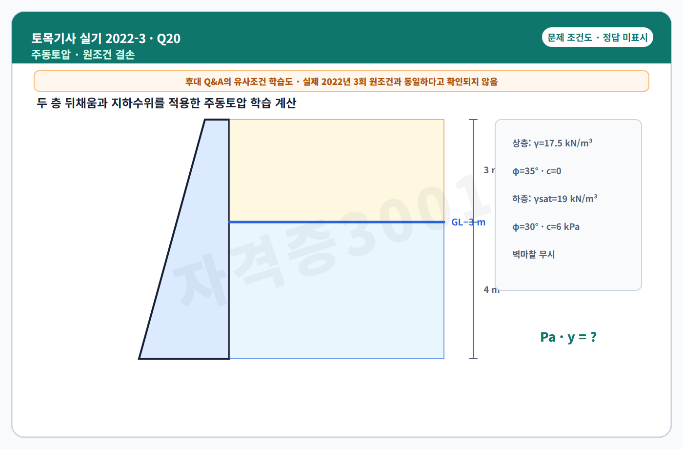 토목기사 실기 기출문제 자격증3001 워터마크 적용 토목기사 실기 2022년 3회 20번 조건 도식, 정답 미표시