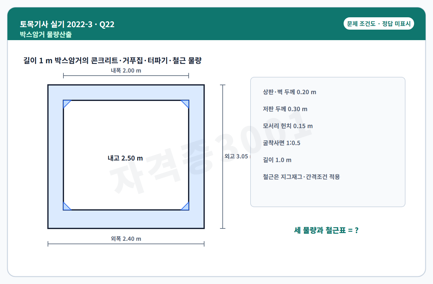 토목기사 실기 기출문제 자격증3001 워터마크 적용 토목기사 실기 2022년 3회 22번 조건 도식, 정답 미표시