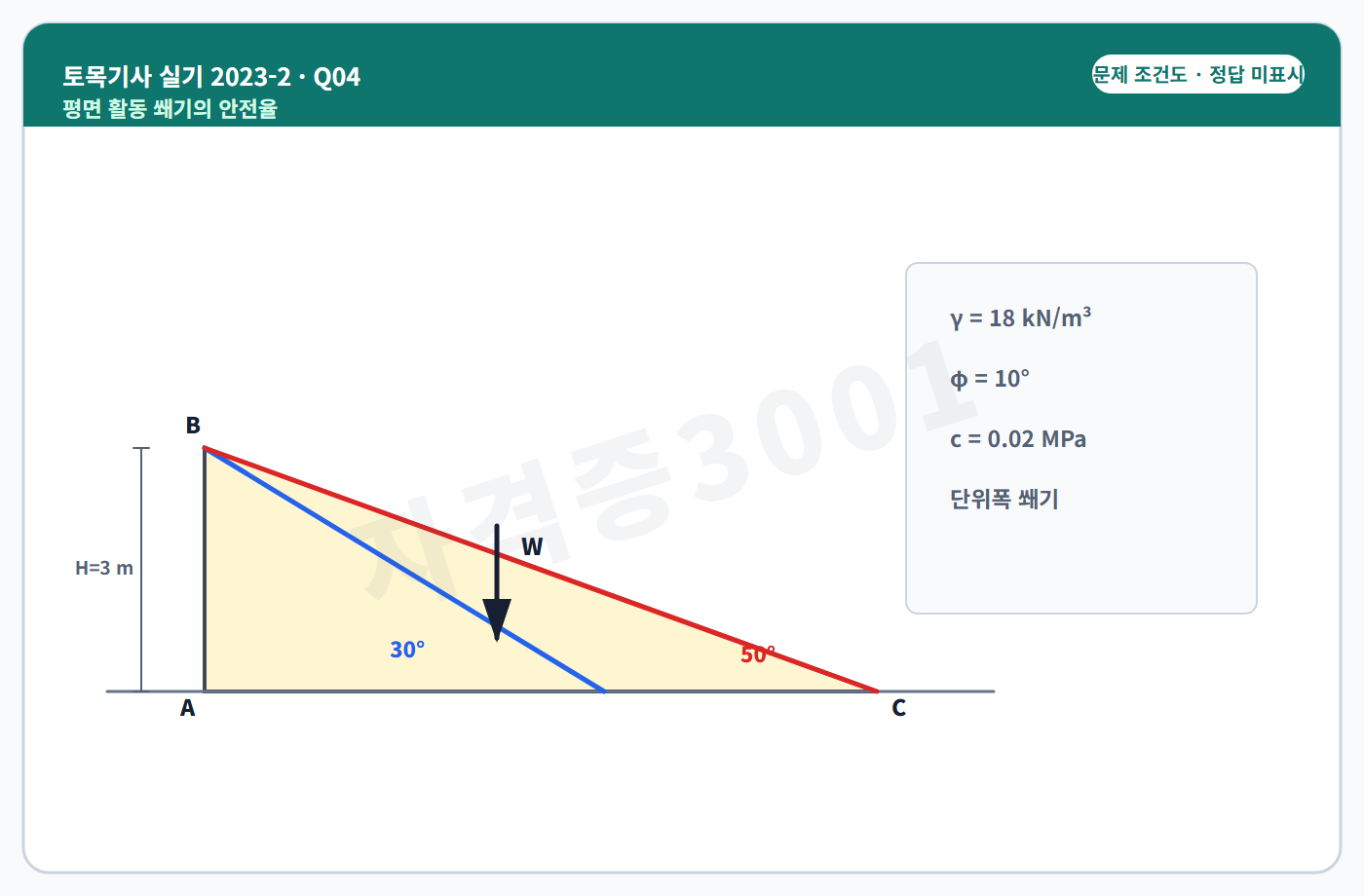 토목기사 실기 기출문제 자격증3001 워터마크 적용 토목기사 실기 2023년 2회 4번 입력 조건 도식