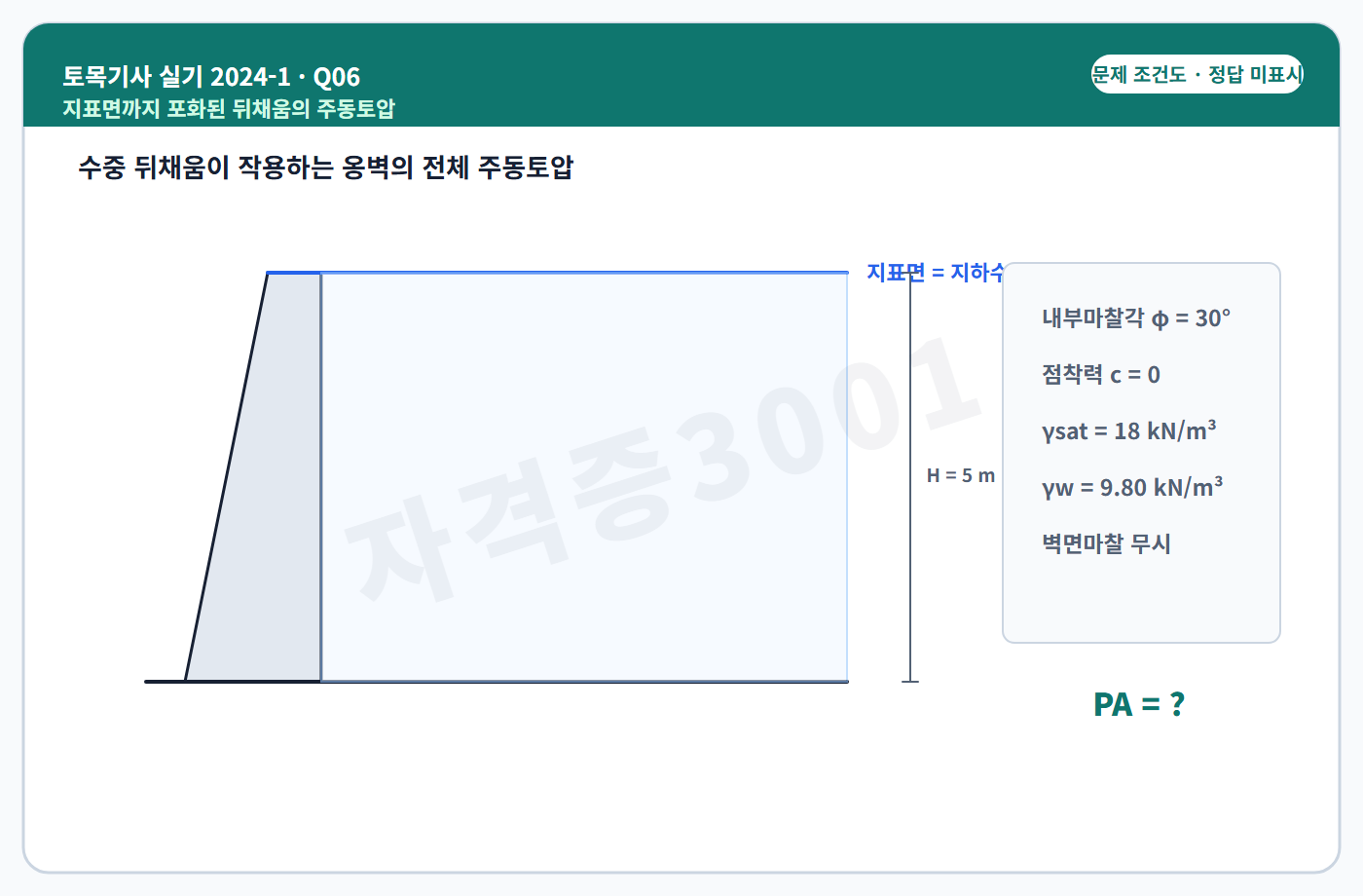 토목기사 실기 기출문제 자격증3001 워터마크 적용 토목기사 실기 2024년 1회 6번 조건 도식