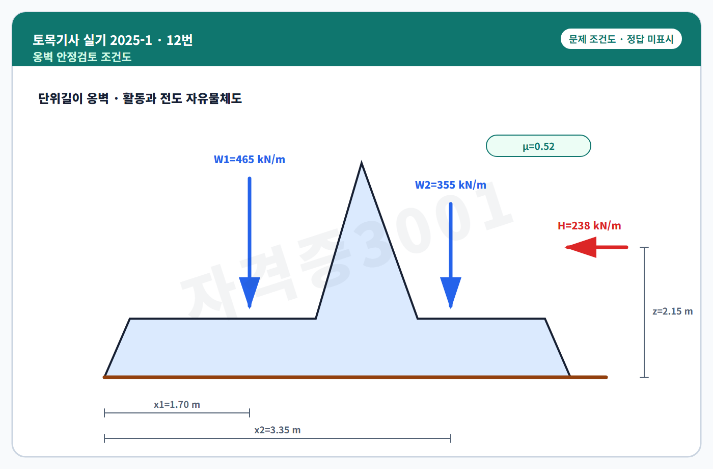 토목기사 실기 기출문제 옹벽의 연직력·수평력과 모멘트 팔길이를 표시한 독립 조건도