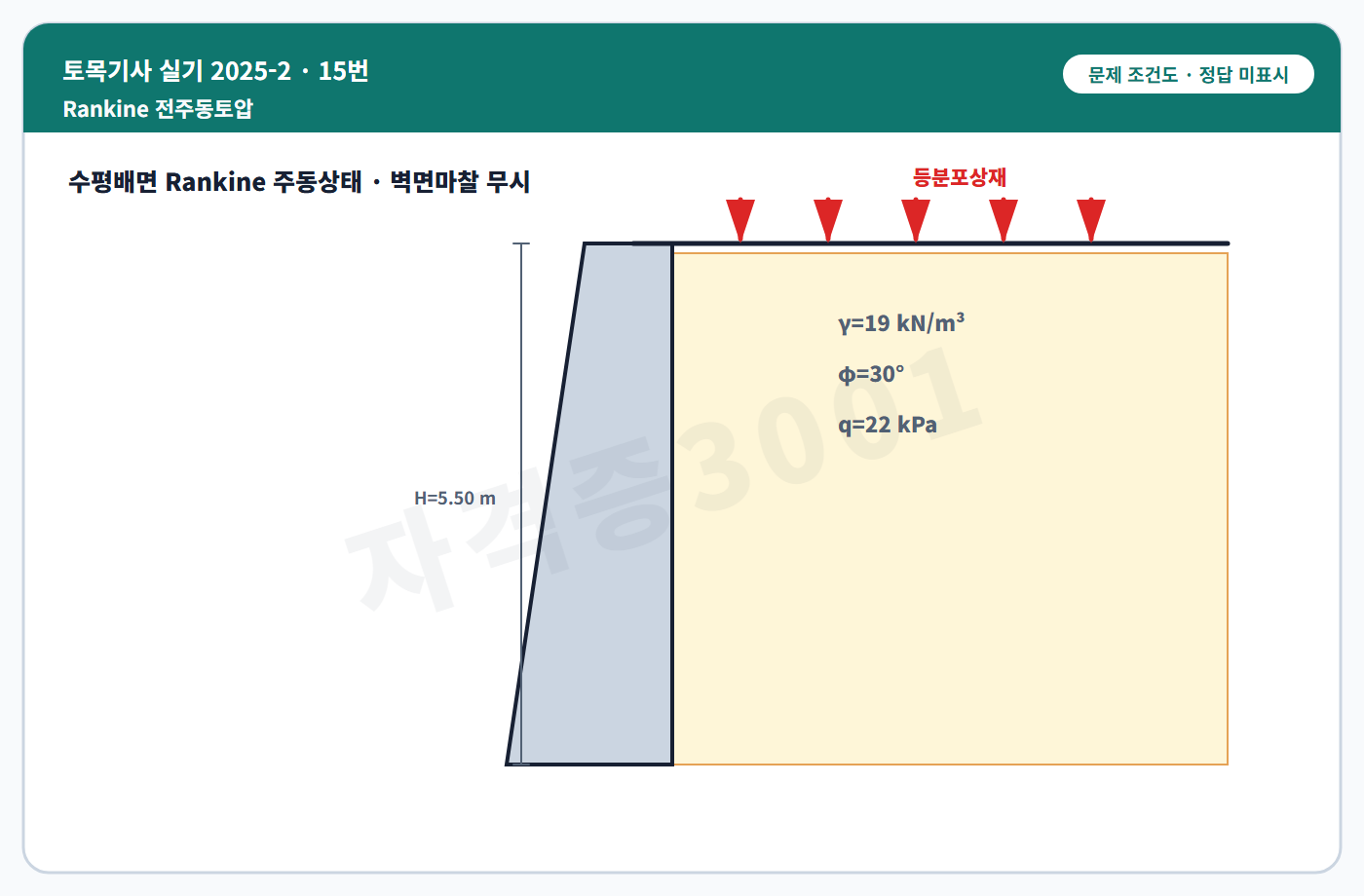 토목기사 실기 기출문제 옹벽 높이·배면토·등분포상재를 표시하고 정답은 숨긴 독립 조건도