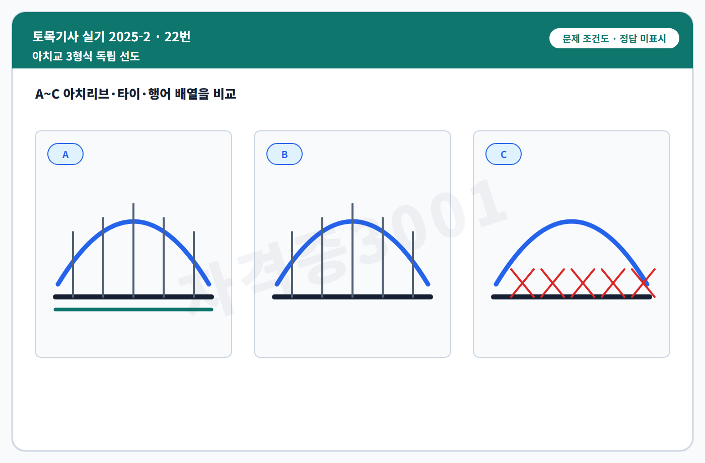 토목기사 실기 기출문제 세 아치교의 행어 배열만 구별해 그린 독립 문제 선도