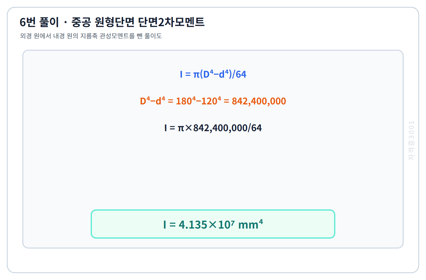 토목기사 필기 모의고사 중공 원형단면 지름축 단면2차모멘트 식으로 4.135곱하기10의7승 제곱밀리미터4승을 구한 자격증3001 워터마크 적용 풀이도