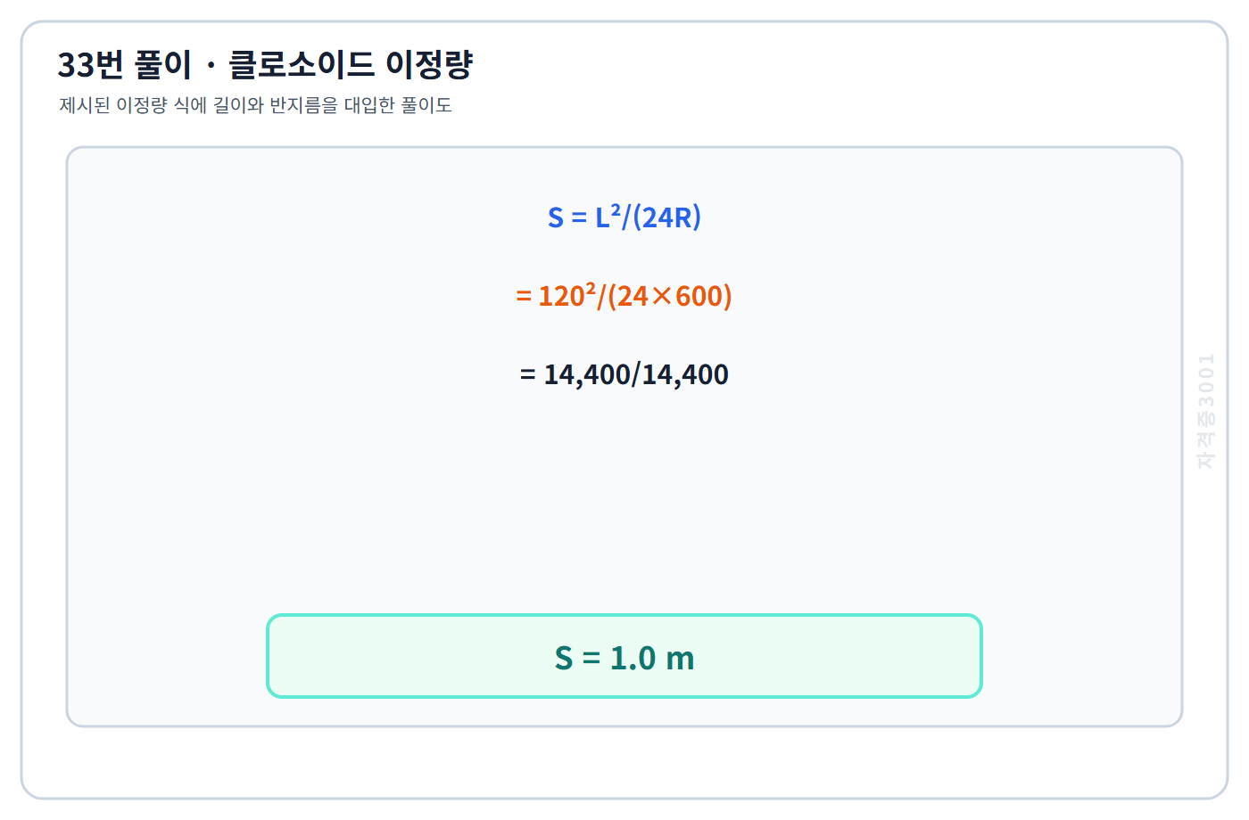 토목기사 필기 모의고사 이정량 식 L제곱 나누기 24R에 수치를 대입해 1.0미터를 구한 자격증3001 워터마크 적용 풀이도