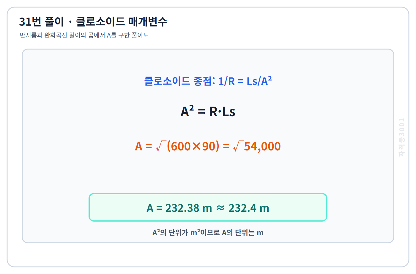 토목기사 필기 모의고사 클로소이드 관계 A제곱은 R 곱하기 Ls를 이용해 매개변수 232.4미터를 구한 자격증3001 워터마크 적용 풀이도