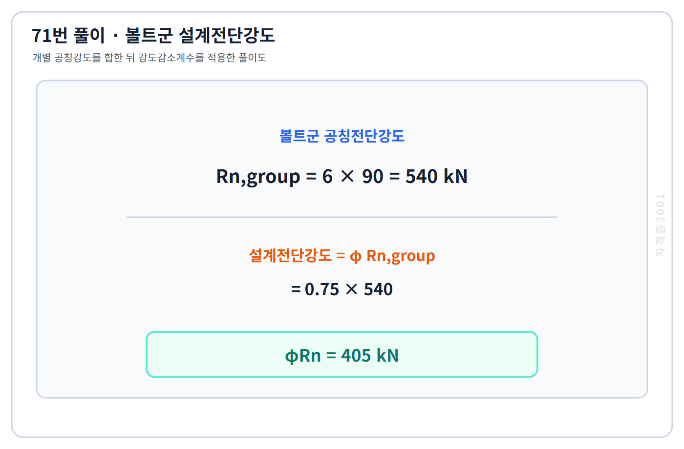 토목기사 필기 모의고사 볼트군 공칭강도 540킬로뉴턴에 강도감소계수를 적용해 설계전단강도 405킬로뉴턴을 구한 자격증3001 워터마크 적용 풀이도
