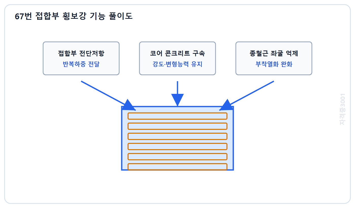토목기사 필기 모의고사 자격증3001 워터마크 적용 풀이도: 접합부 폐쇄형 횡보강이 전단저항과 코어구속 및 종철근 좌굴 억제에 기여하는 개념