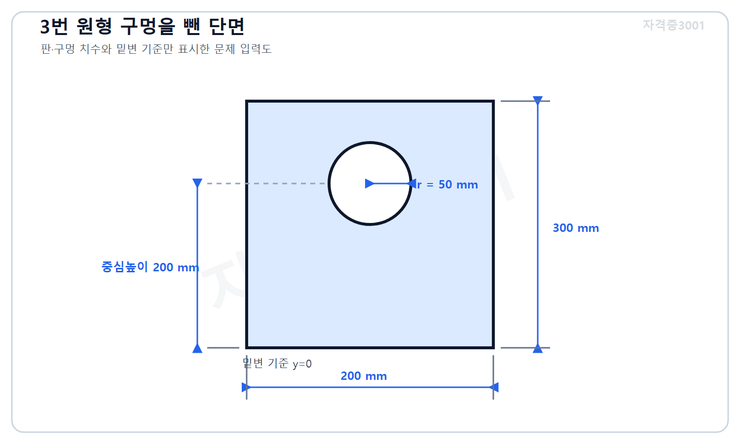 토목기사 필기 모의고사 자격증3001 워터마크 적용 문제도로, 폭 200밀리미터·높이 300밀리미터 직사각형 판과 밑변에서 200밀리미터 높이에 중심이 있는 반지름 50밀리미터 원형 구멍을 표시한 단면도