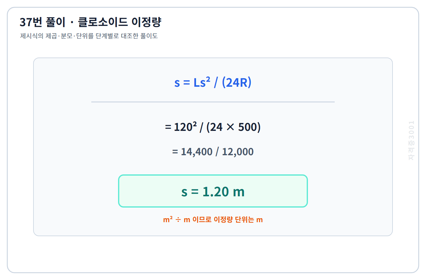 토목기사 필기 모의고사 클로소이드 이정량 식에 길이와 반지름을 대입해 1.20미터를 계산하는 과정을 표시한 자격증3001 워터마크 적용 풀이도